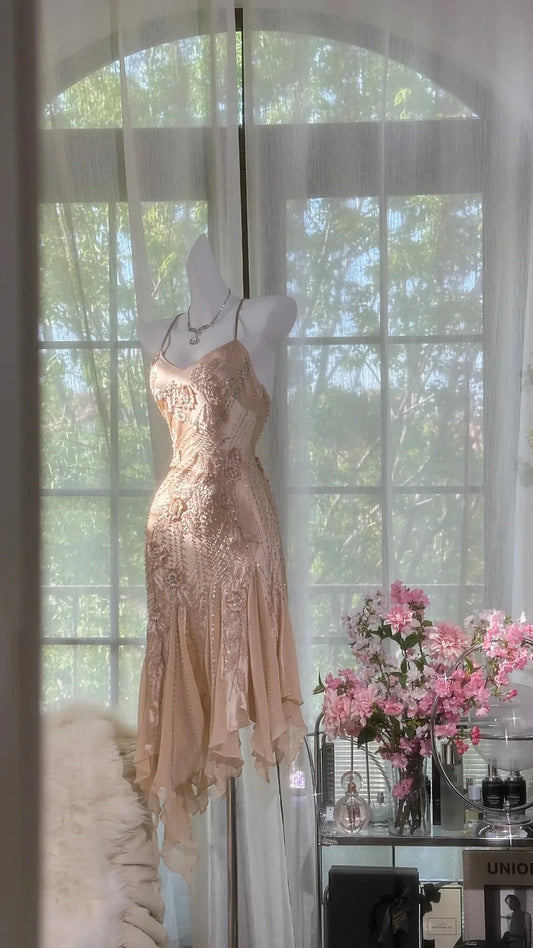 Vintage Mermaid Spaghetti Strap Beaded Ruffle Satin Chiffon Short Homecoming Dress SH2966