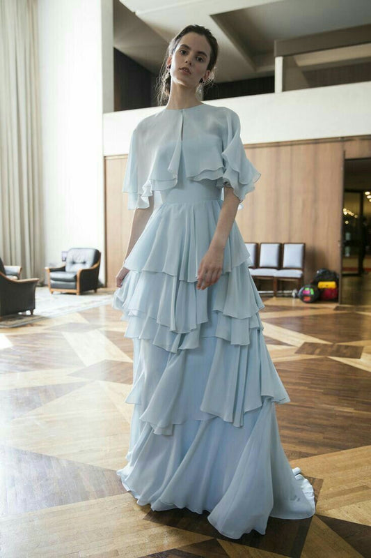 Gentle Baby Blue A Line Strapless Layered Chiffon Prom Dress Evening Dress with Cape SH3651