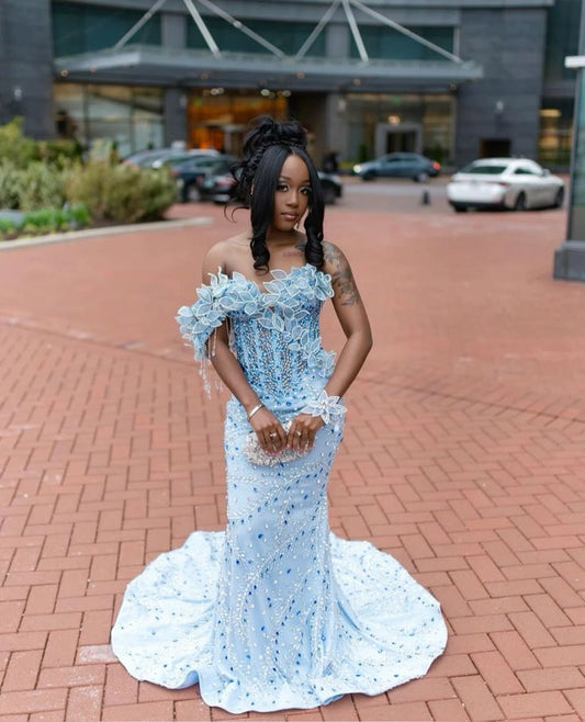 Blue Exquisite Mermaid One Shoulder Beaded Satin Long Party Dress Prom Dress Formal Dress SH3852