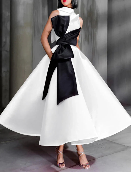 Ball Gown Color Block Celebrity Style Elegant Prom Formal Evening Birthday Dress Christmas Red Green Dress High Neck Sleeveless Ankle Length Satin with Bow, AST1740