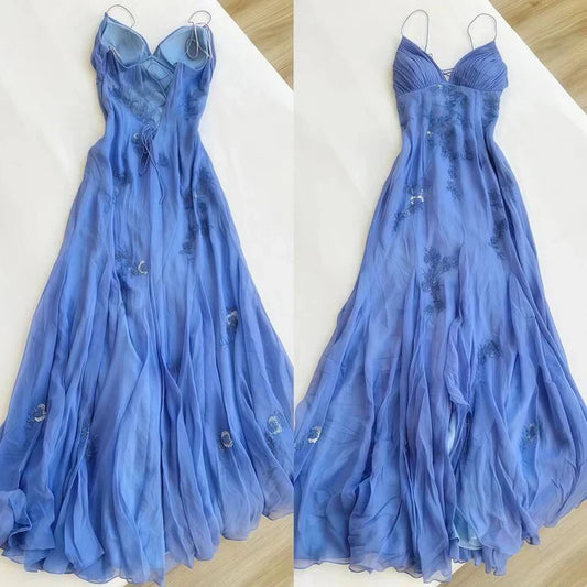 Simple Blue Spaghetti Straps Long Backless Prom Dress SH1153