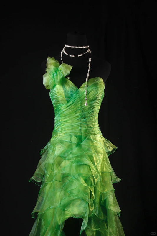 Vintage Green One Shoulder Birthday Dress Hi-Lo Evening Gowns Fairytale Tulle Prom Dress ED03741