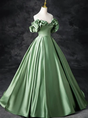 Elegant A Line Strapless Green Satin Long Prom Dresses GG013