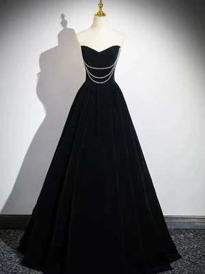 Sweet Off Shoulder Floor Length Beading Black Velvet Long Prom Dresses, Formal Graduation Evening Dresses GG016
