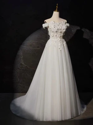 Delicate A Line Off the Shoulder White Lace Prom Dresses, White Lace Formal Evening Dresses GG018