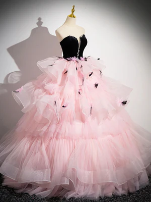 Gorgeous Beaded Pink Tulle Long Prom Dresses with Black Velvet top,Formal Evening Dresses, Ball Gown GG021