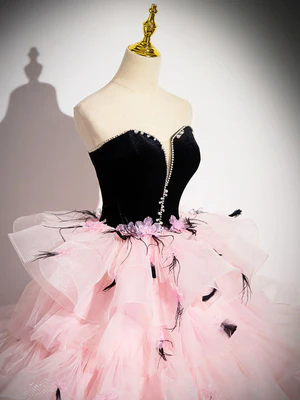 Gorgeous Beaded Pink Tulle Long Prom Dresses with Black Velvet top,Formal Evening Dresses, Ball Gown GG021