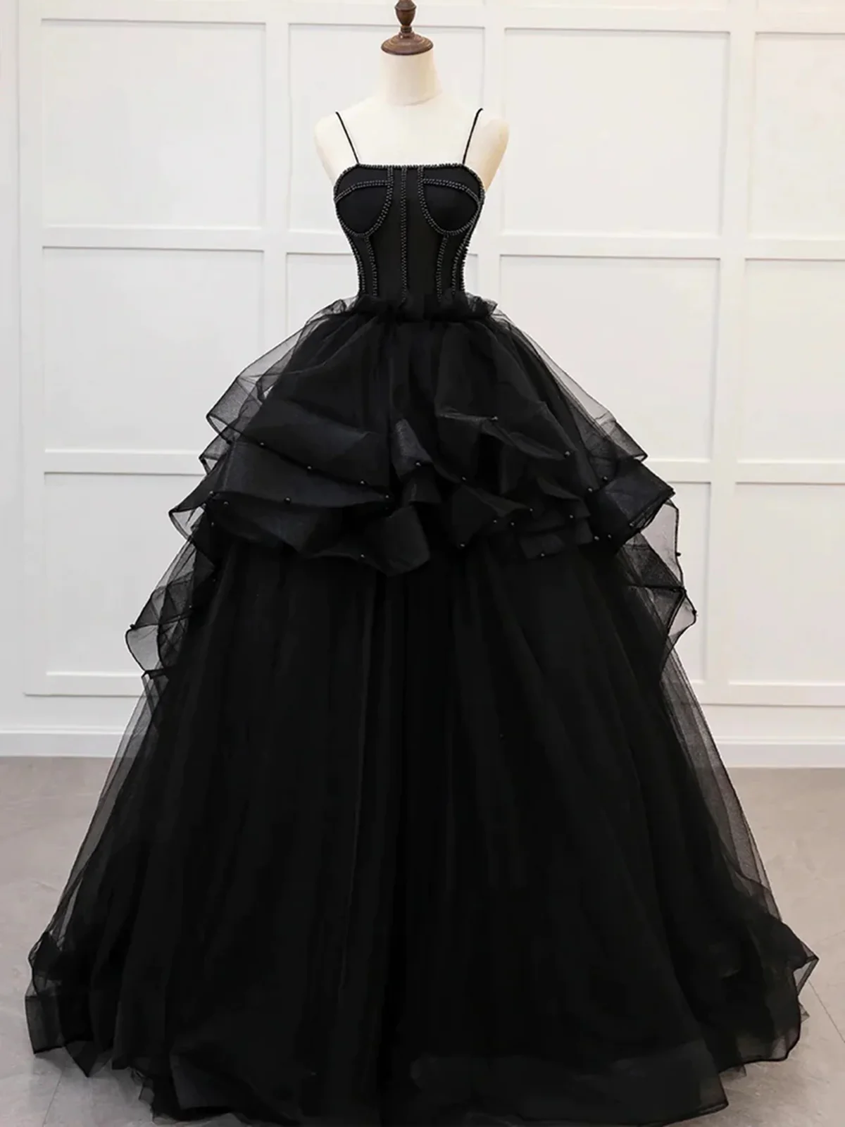 Noble A Line Spaghetti Straps Fluffy Black Tulle Long Prom Dresses, Beaded Black Formal Evening Dresses GG022