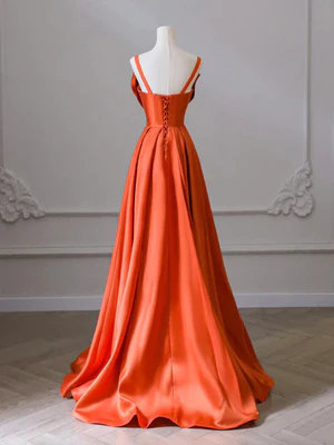 Delicate A Line Orange Long Satin Prom Dresses with Bow, Oranage Long Satin Formal Evening Dressess GG029