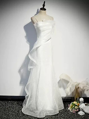 Shiny Sequins White Mermaid Spaghetti strap Tulle Long Prom Dresses, White Mermaid Long Formal Evening Dresses GG030