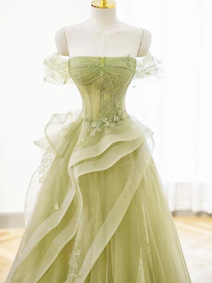 Elegant A Line Off the Shoulder Green Tulle Lace Long Prom Dresses, Formal Evening Dresses GG037