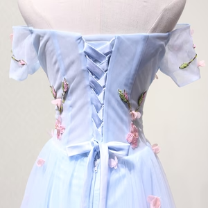 New A Line Off the Shoulder Light Blue Floral Long Prom Dresses, Formal Evening Dresses GG045