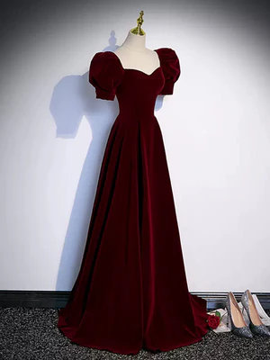 Elegant A Line Short Bubble Sleeves Burgundy Long Prom Dresses, Wine Red Long Formal Evening Dresses GG052
