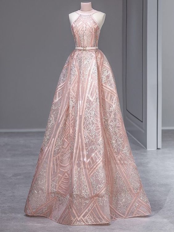 New Exquisite A Line Soft Pink Halter Applique Long Prom Dresses, Formal Evening Dresses GG053