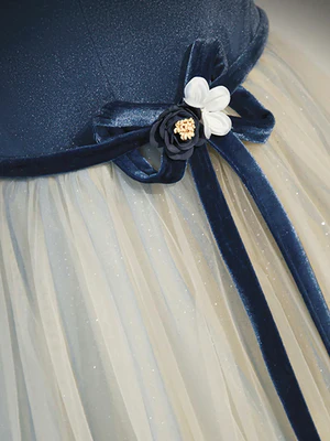 Delicate A Line Off the Shoulder Flower waist Navy Velvet Long Tulle Prom Dresses, Long Formal Evening Dresses GG057