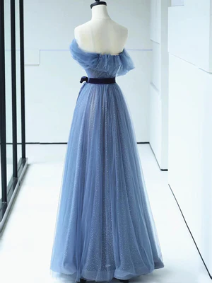 Shiny A Line Off the Shoulder Bow-knot Waist Blue Tulle Prom Dresses, Blue Long Formal Evening Dresses GG059