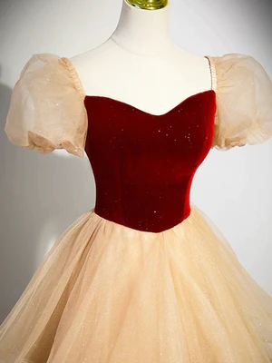 Sweet A Line Sweetheart Short Bubble Sleeves Burgundy Champagne Long Prom Dresses,Long Formal Evening Dresses GG060