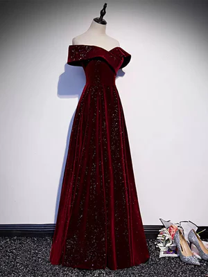 New Elegant A-line Off the Shoulder Burgundy Velvet Sequin Long Prom Dresses, Wine Red Long Formal Graduation Dresses GG064