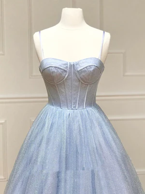 New Shiny A Line Spaghetti Straps Sequin Light Blue Long Prom Dresses, Shiny Blue Formal Evening Dresses GG068