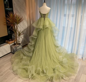 New Elegant A Line Sweetheart Neck Green Flouncing Tulle Long Prom Dresses, Green Tulle Long Formal Graduation Dresses GG071