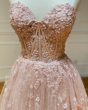 New Sweet A Line Sweetheart Neck Champagne Pink Embroidery Flower Lace Prom Dresses, Formal Evening Dresses GG073