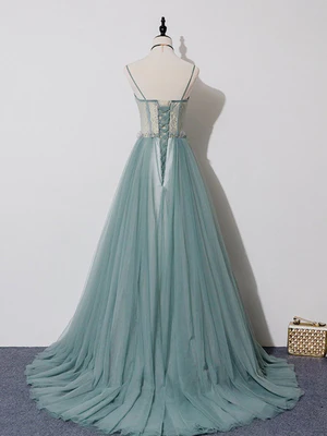 New Elegant A Line Spaghetti Straps Lace Long Prom Dresses, Long Formal Evening Dresses GG075