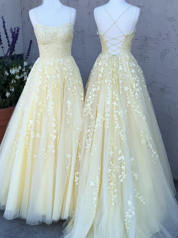 New Sweet A Line Spaghetti Straps Backless Light Yellow Tulle Applique Long Lace Prom Dresses,Formal Evening Dresses GG077