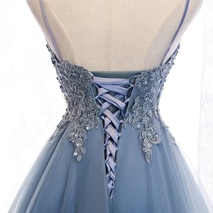 New Delicate A Line V Neck High Low Applique Blue Lace Prom Dresses, Formal Evening Graduation Dresses GG081