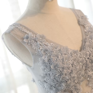 New Delicate A Line V Neck Gray Floral Long Prom Dresses, V Neck Gray Long Floral Formal Bridesmaid Dresses GG082