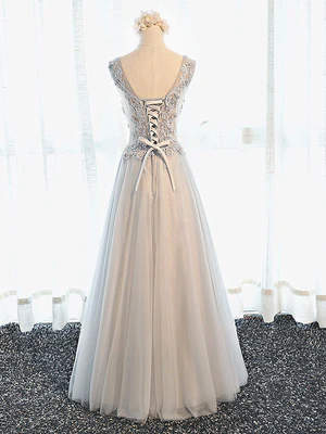 New Delicate A Line V Neck Gray Floral Long Prom Dresses, V Neck Gray Long Floral Formal Bridesmaid Dresses GG082