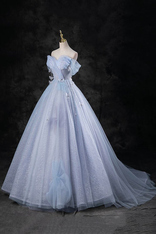 Delicate A Line Off The Shoulder Blue Pearl Long Prom Dresses, Off The Shoulder Long Formal Evening Dresses GG086