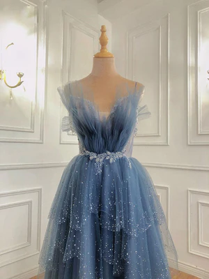 New Shiny A Line Blue Spaghetti Straps Beaded Puffy Long Prom Dresses, Blue Beaded Long Formal Graduation Dresses GG091