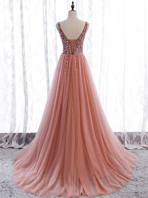 New Elegant A Line V Neck Dark Pink Beaded Long Prom Dresses, Long Formal Graduation Dresses GG093