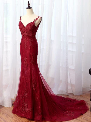 New Bright Mermaid V Neck Burgundy Applique Lace Sweep Prom Dresses, Wine Red Mermaid Lace Formal Bridesmaid Dresses GG099