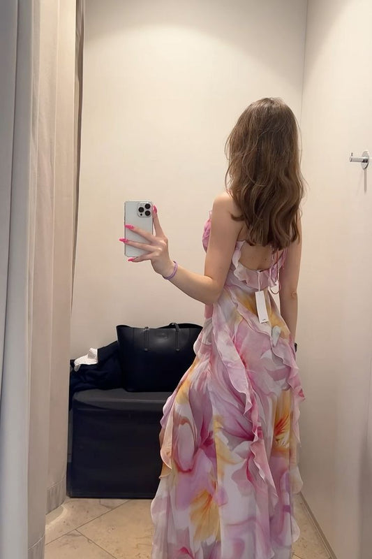 Chic Mermaid Spaghetti Straps Printing Floral Chiffon Ripple Long Prom Dress,Evening Dress GG1047