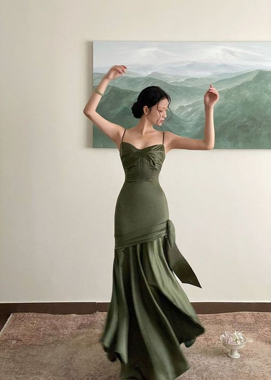 Elegant Mermaid Spaghetti Straps Green Satin Long Prom Dress,Holiday Dress,Evening Dress GG1066