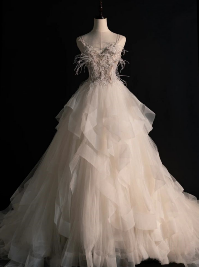 Fairy A Line Spaghetti Straps Tulle Imitation Feather Long Prom Dress,Evening Dress GG1108