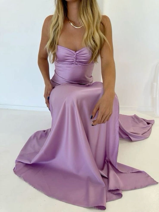 Simple Mermaid Spaghetti Straps Lilac Satin Slit Long Prom Dress,Evening Dress GG1115
