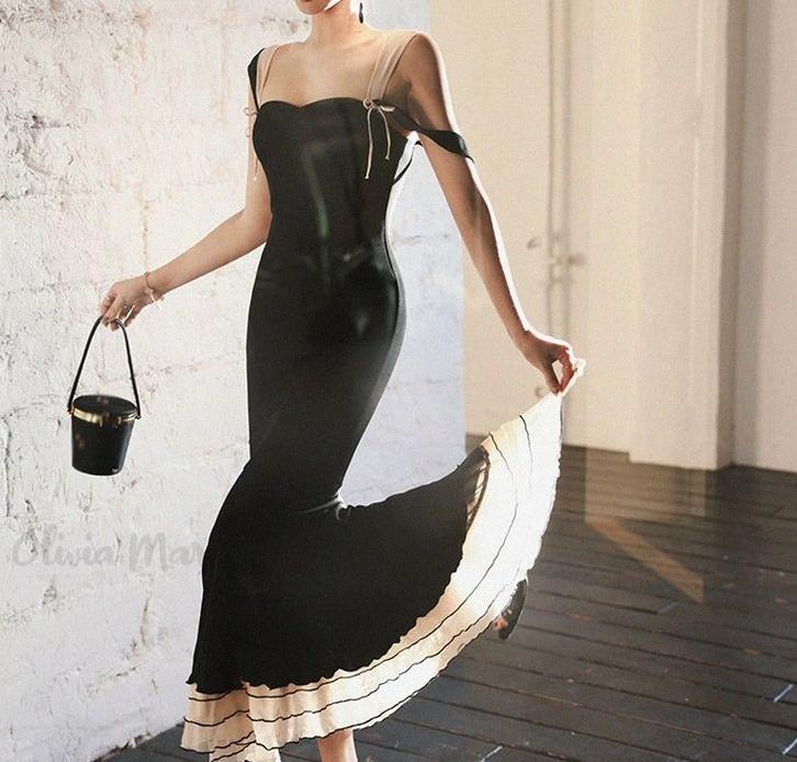 Princessful Mermaid Spaghetti Straps Black Satin With Chiffon Hem Long Prom Dress,Evening Dress GG1128