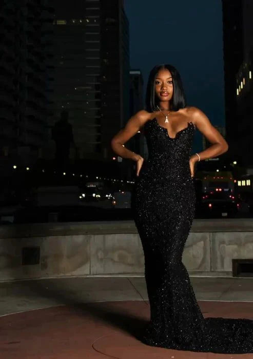 Sexy Mermaid Strapless Black Satin Sequin Long Prom Dress,Evening Dress GG1134