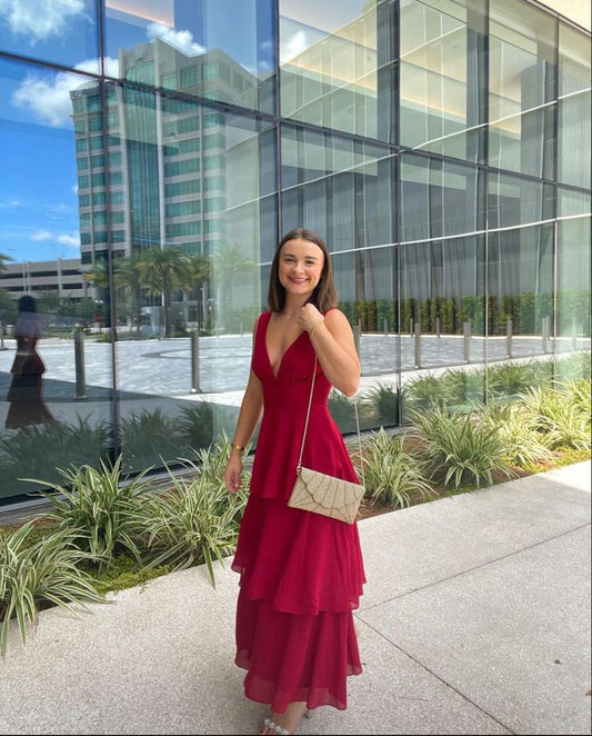 Pretty A Line V Neck Burgundy Chiffon Tiered Long Prom Dress,Evening Dress GG2153