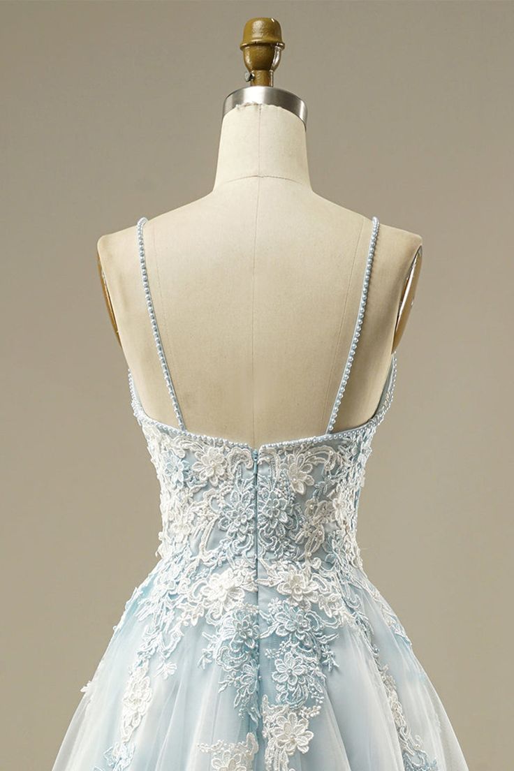 New Delicate A-Line Light Blue Spaghetti Straps V Neck Beading Applique Long Prom Dress , Evening Dress GG119