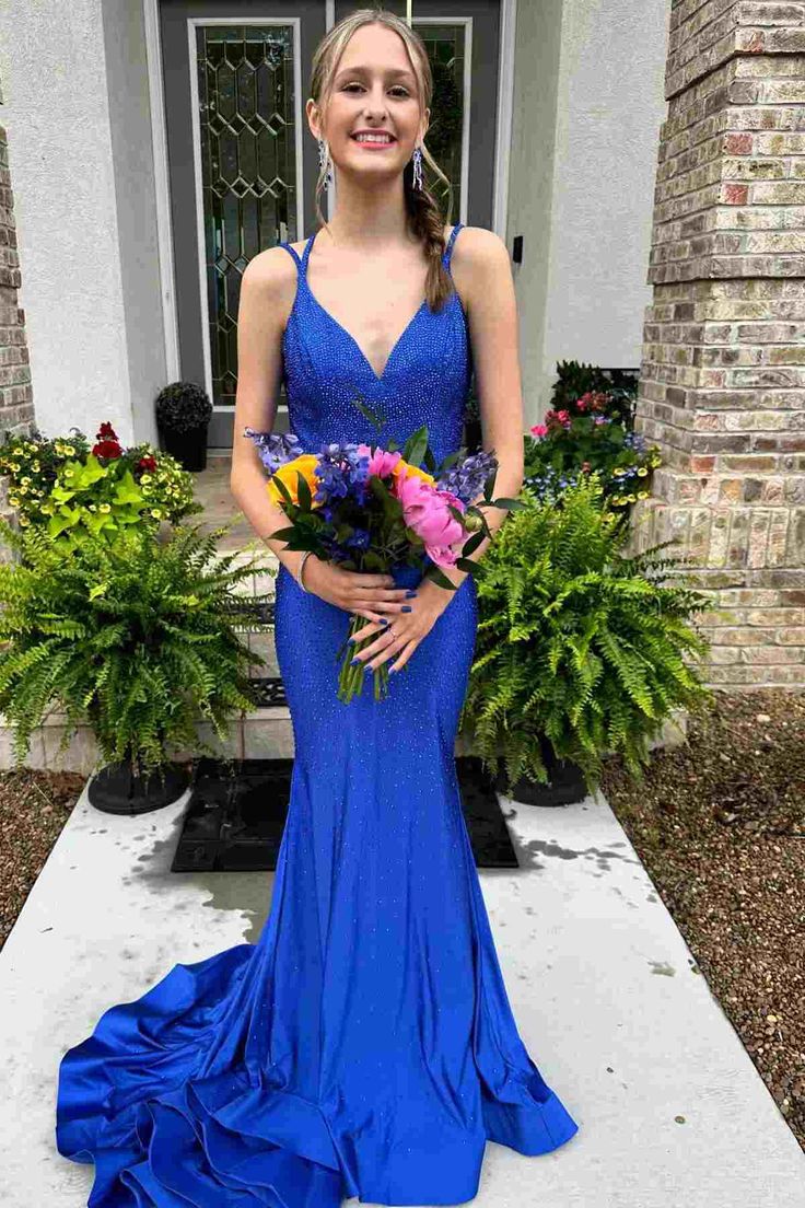 Glamorous Mermaid Spaghetti Straps Royal Blue Satin Beaded Long Prom Dress,Evening Dress GG1201