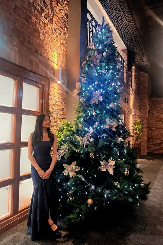 Charming Mermaid Strapless Navy Satin Ripple Long Prom Dress,Holiday Dress,Evening Dress GG1215