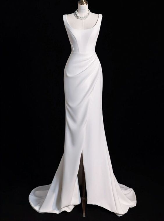 Elegant White Mermaid Satin Pleats Split Long Prom Dress,Wedding Dresses,Evening Dress GG123