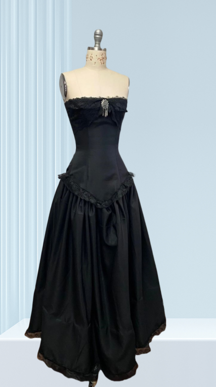 Elegant A Line Strapless Black Satin With Lace Long Prom Dress,Evening Dress GG1251