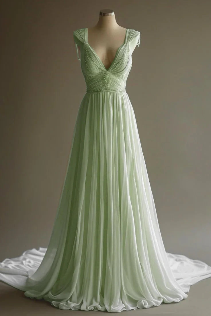 Gorgeous A Line V Neck Chiffon Beaded Long Prom Dress,Evening Dress GG1255