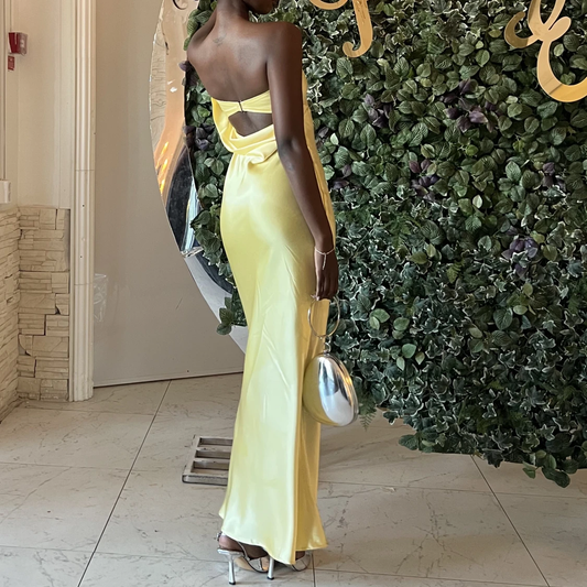 Simple Mermaid Strapless Pastel Yellow Satin Long Prom Dress,Evening Dress GG1292