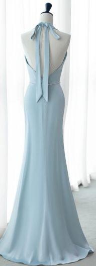 French Romantic Mermaid Halter Neck Light Blue Satin With Pearl Belt Elegant Long Prom Dresses,Evening Dresses GG131