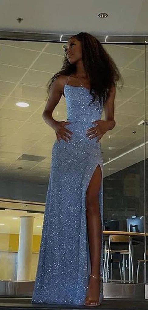 Glitter Mermaid Halter Straps Light Lavender Satin Sequin Slit Long Prom Dress,Evening Dress GG1328